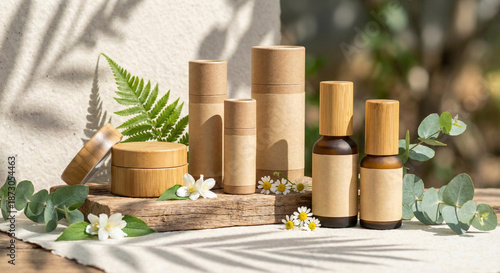 Eco-friendly cosmetic packaging mockup with blank kraft paper tubes and bamboo jars on wooden table with nature sunlight shadows