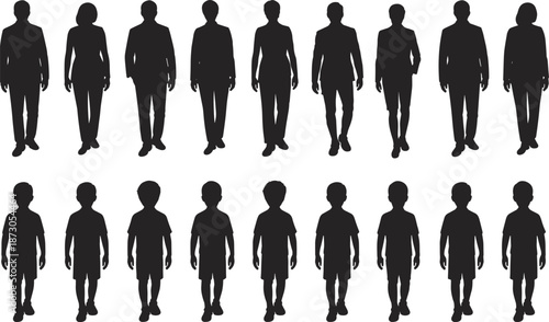 Silhouettes of Adults and Children Walking in Rows on White Background people