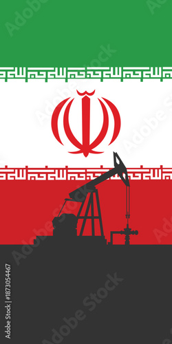 Oil rig pumpjack background. Iran petroleum industry. Islamic republic of iran flag. Crude oil