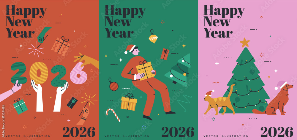 Obraz premium Happy New Year 2026 banners set in flat line art style with characters. Festive greeting card design. Winter holiday celebration. Vector illustration