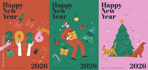 Happy New Year 2026 banners set in flat line art style with characters. Festive greeting card design. Winter holiday celebration. Vector illustration