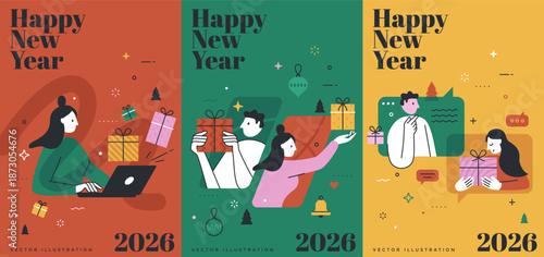 Set of three Happy New Year 2026 banners in flat thin line style. Seasonal greeting card for winter holiday celebration. Vector illustration.