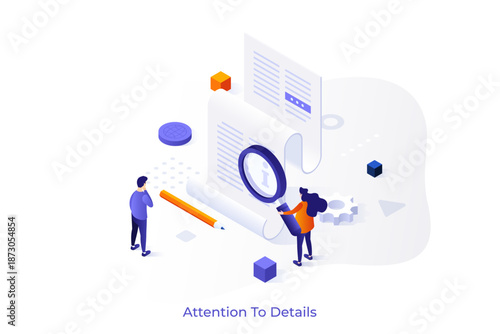 Attention to Details isometric conceptual template. Checkout of article before publishing vector illustration for webpage design. Information performance control. Web application development