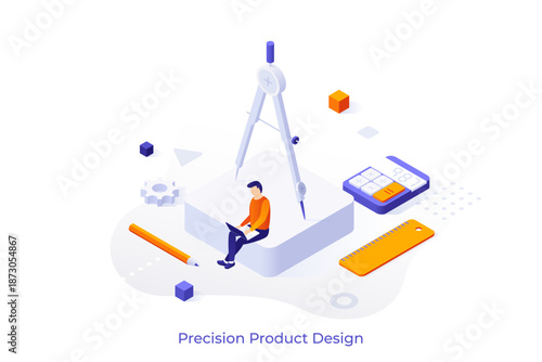 Precision Product Design isometric conceptual template. Select combination of machine elements vector illustration for webpage. Engineering industry tools usage. Web application development material
