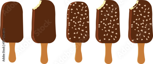 Bitten chocolate almond ice cream bars on wooden sticks with creamy chocolate coating