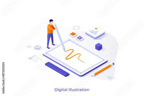 Digital Illustration isometric conceptual template. Designer creating art via tablet vector image for webpage design. Tools and software for drawing. Web application development colorful material
