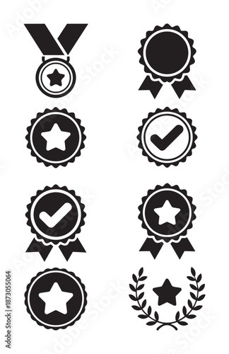 Black and white badges with stars and checkmarks awards ribbons