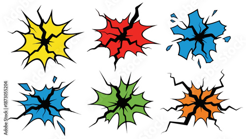 Colorful Comic Impact Cracks Set Vector - Pop Art Style Explosion, Smash, and Burst Effects for Cartoons, Games, and Design Projects