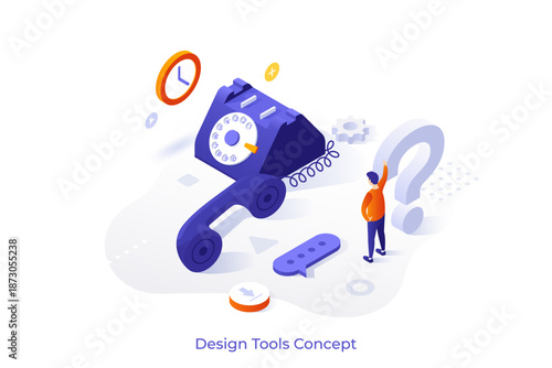 Customer Support isometric conceptual page template. Doubted consumer with question by corded phone. Seeking help webpage design vector illustration. Get consultation from call center specialists