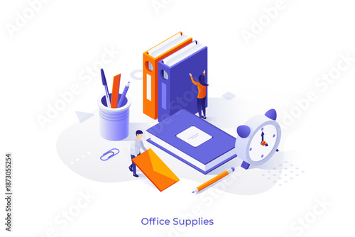 Office Supplies isometric conceptual template. Modern accessories for business documents organization. Stationery and paperwork webpage design vector illustration. Papers management strategy