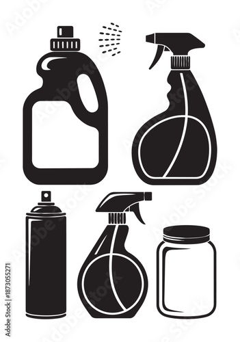 Black and white cleaning supplies spray bottles and containers