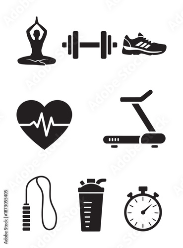 Black and white fitness including yoga person dumbbell shoe heart rate monitor treadmill jump rope protein shaker and