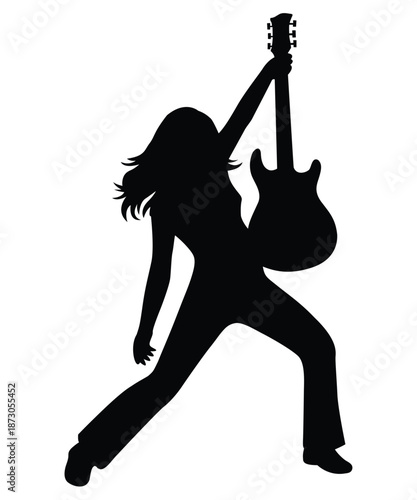 Rock Guitarist Silhouette Performing Live Music on White Background.
