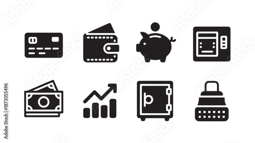 Financial icons representing various aspects of money management and transactions