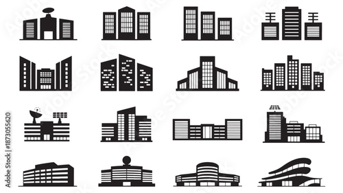 Collection of various building silhouettes against a white background, showcasing different architectural styles and structures
