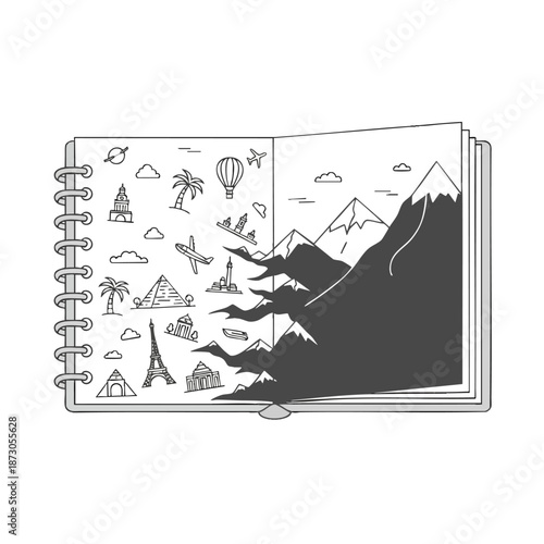 Creative travel sketchbook illustration featuring famous landmarks, mountains, and scenic doodles in monochrome style.