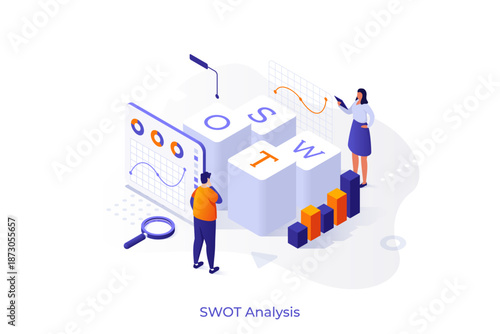 SWOT analysis isometric vector conceptual template. Group of colleagues makes SWOT analysis of organization, IT company, strategy development process, project management abstract metaphor.
