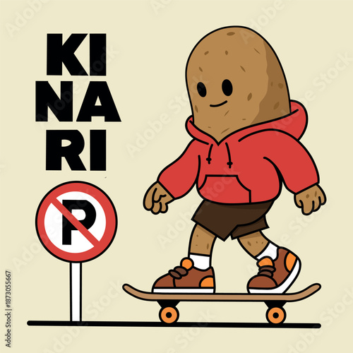 Funny Potato Character Skateboarding in Red Hoodie Playful Food Mascot with No Parking Sign. Ideal for Kids Branding, Stickers, Streetwear, or Social Media Design.