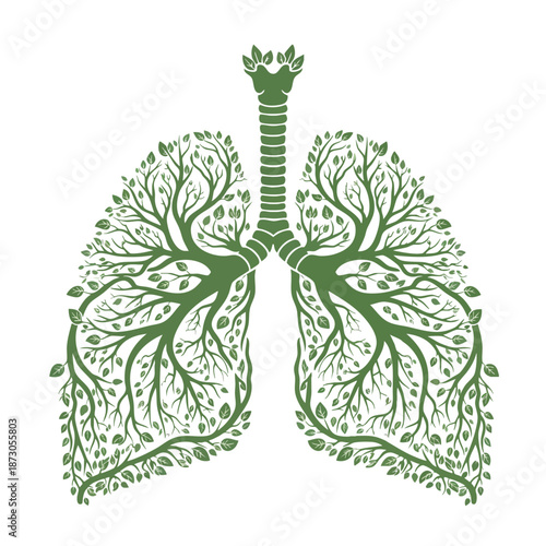 A beautiful illustration of green lungs formed by intricate tree branches and leaves, symbolizing nature, health, and environmental awareness in a stylish artistic design.