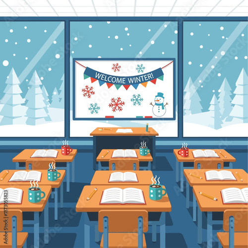 Classroom decorated for winter with snowflakes outside the window.