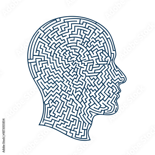 Creative line art illustration of a human head formed by an intricate maze design, representing complex thought processes and problem-solving abilities in a modern and artistic style.