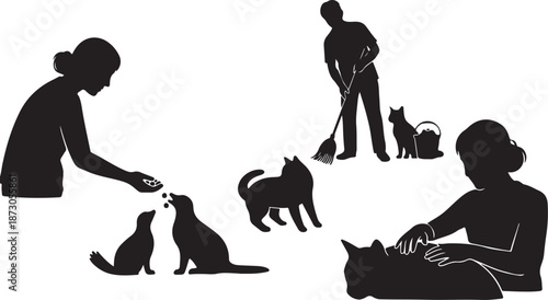 People interacting with cats in various playful happy scenes