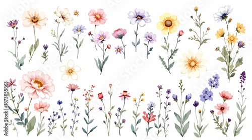 Flowers and leaves digital illustration, spring design, watercolor hand painting. Perfectly for printing, sublimation.