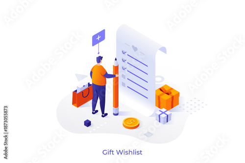 Wishlist isometric concept vector scene. Online shopping wishlist, e-commerce website, add to personalized collection, user account, product in stock, online retailer abstract metaphor.