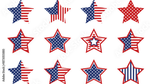 Set of twelve patriotic stars in red, white, and blue featuring various designs, perfect for celebrating national holidays, showcasing American pride, or enhancing creative projects.