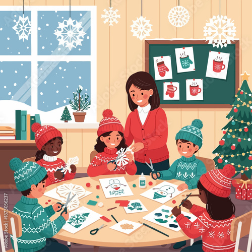 Children making Christmas crafts with teacher in classroom decorated for holiday.