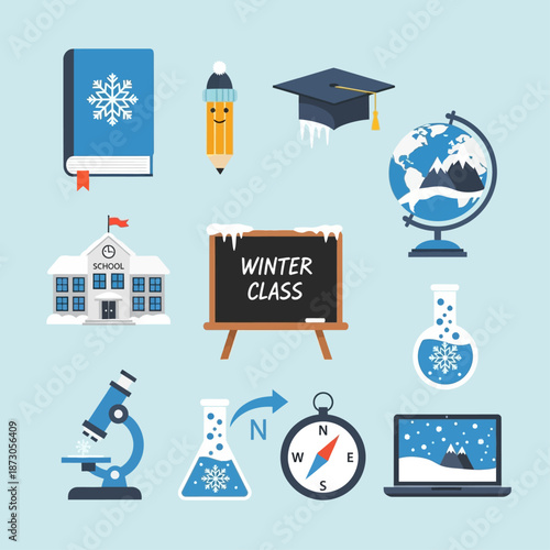Winter Class Educational Icons Set with School and Science Elements.