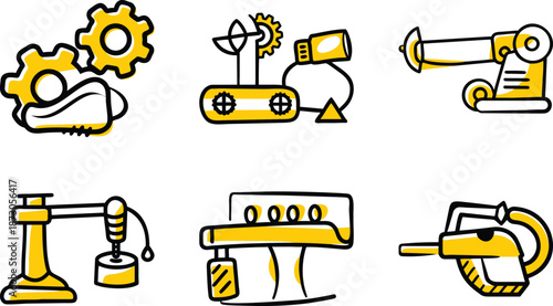  Cute Hand-Drawn Yellow Industrial Automation & Robotics Icon Set: Robotic Arms, Assembly Machines, Conveyor Belt, CNC Equipment, Industrial Mixer & Manufacturing Robots Doodle Illustrations PNG Trans