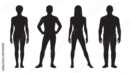 Silhouettes of four individuals standing in various poses against a white background