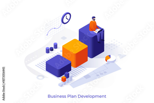 Business plan isometric concept vector illustration. Strategic business planning, creating financial plan, startup development, corporate marketing strategy, entrepreneur concept