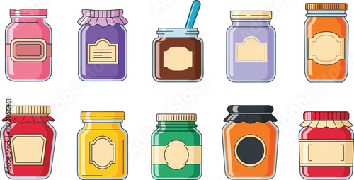 Jars, packaging, colorful, labels, food, preserves, jam, design, collection, lids, fabric, spoon, glass, container, branding, shelf, kitchen, illustration, decorative, variety