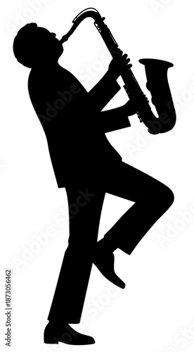 Saxophone Player Silhouette One Leg Pose, Funk Jazz Musician Playing Sax, Energetic Music Performance