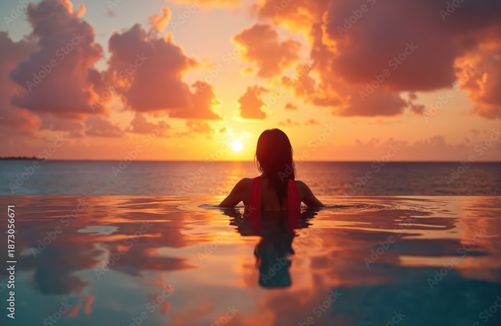 Fototapeta premium Girl watches sunset in ocean water pool. Woman relaxes in outdoor pool at luxury hotel. Female person looks at sea during summer vacation on exotic caribbean island.