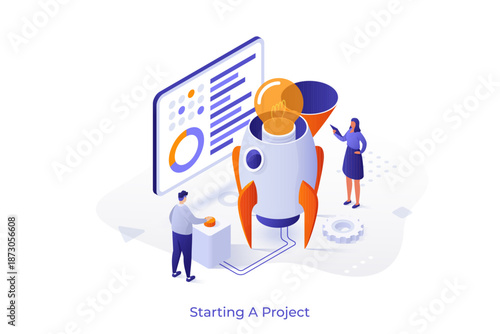 Project initiation isometric vector concept. Project documentation, business analysis, vision and scope, determine goals, task assignment, timeframe and timeline conceptual illustration.