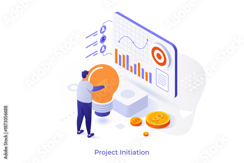 Project initiation isometric vector conceptual page. Project documentation, business analysis, vision and scope, determine goals, task assignment, timeframe and timeline concept illustration