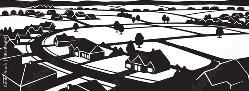Black and white illustration of a suburban neighborhood landscape