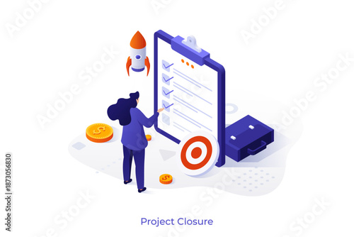 Project closure isometric vector concept. Project closing process, acceptance of deliverables, stakeholder final approval, meet budget and deadline, gather feedback concept illustration