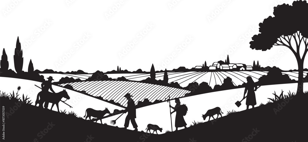Obraz premium Rural landscape with farmers working in the fields together