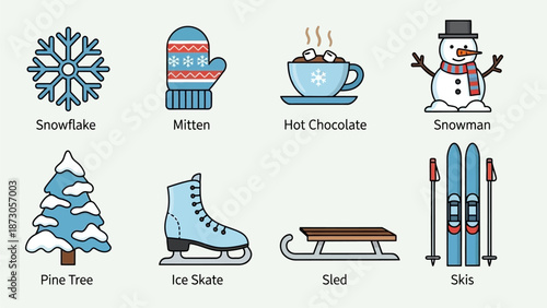 Winter Sports and Accessories Set with Snowman and Hot Chocolate.
