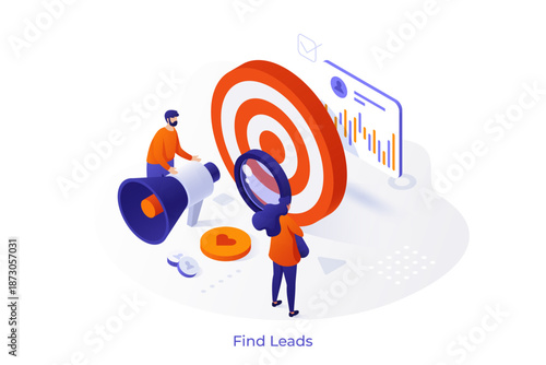 Find leads isometric conceptual vector. Generate sales leads, digital marketing strategy, build brand awareness, find new customer, content creation, sales funnel concept illustration