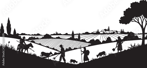 Rural landscape with farmers working in the fields together