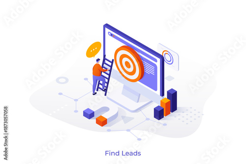Find leads isometric conceptual vector. Generate sales leads, digital marketing strategy, build brand awareness, find new customer, content creation, sales funnel concept illustration
