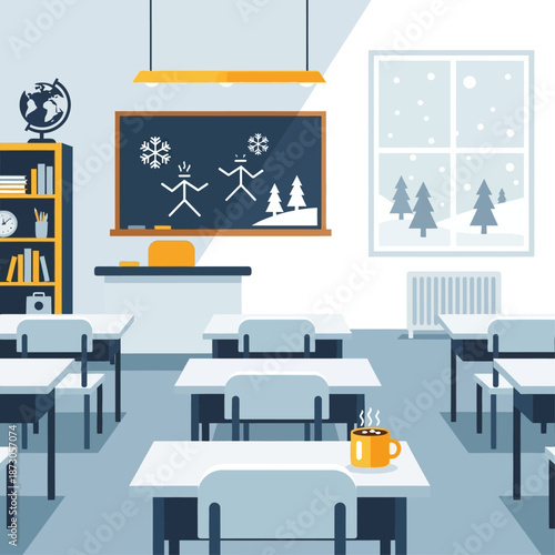 Empty classroom with desks and chairs, blackboard with snowmen drawing, and a cup of coffee on a desk.