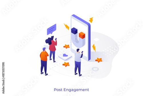 Post engagement isometric conceptual vector. Social media posting, create engaging post, generate engagement, follower interaction, interactive content, ask subscribers concept illustration