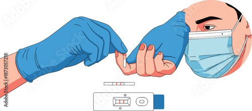 Medical testing procedure, rapid diagnostic test, blood sample collection, COVID-19 antibody antigen test, positive result cassette, healthcare screening, protective gloves, surgical mask