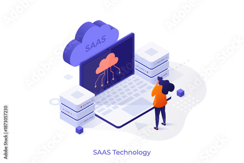 SaaS technology isometric concept vector illustration. Software as a service, cloud computing, application service, customer access, software licensing, subscription, pricing scene